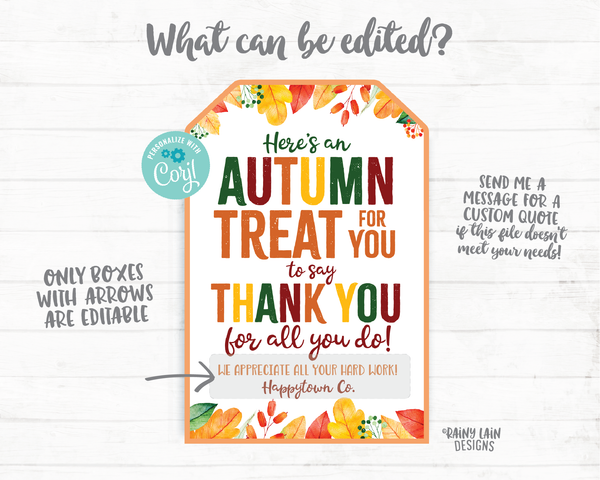 Autumn Treat Thank you Tag Fall Appreciation Gift Tags Thanksgiving Favor Tags Employee Company Essential Staff Teacher Thank you Tag Sweet