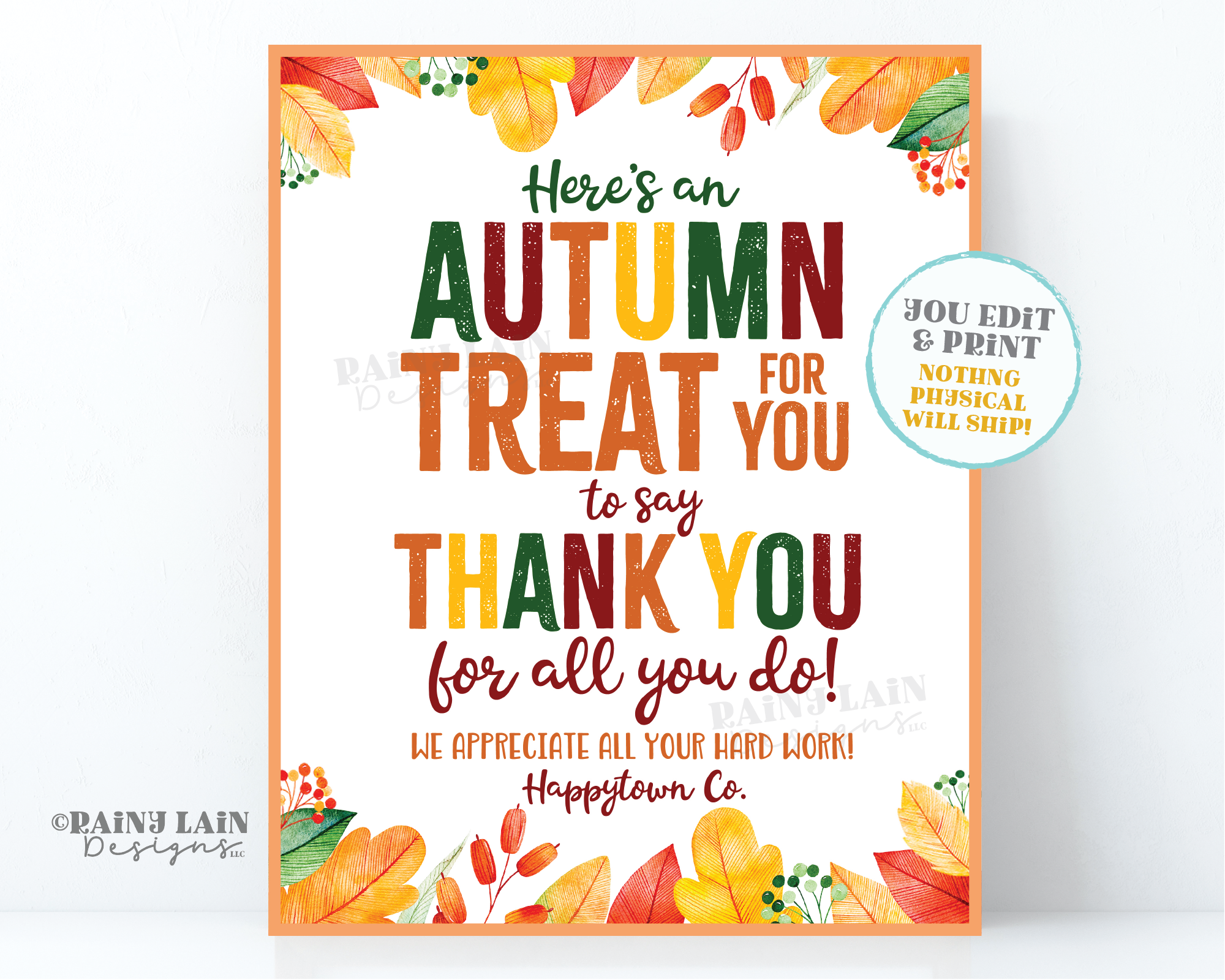 Autumn Treat Thank you Sign Fall Appreciation Gift Card Thanksgiving Treat Employee Company Essential Staff Teacher Sign Fall Sweets Sign