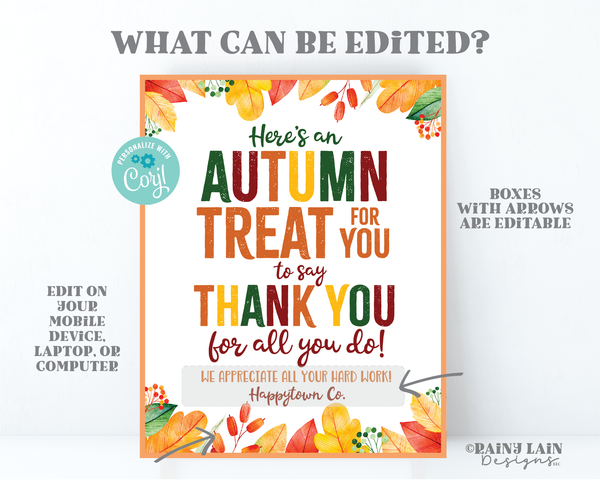 Autumn Treat Thank you Sign Fall Appreciation Gift Card Thanksgiving Treat Employee Company Essential Staff Teacher Sign Fall Sweets Sign