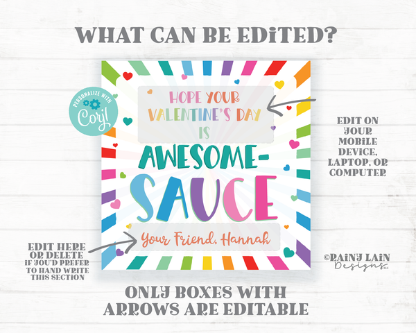 Awesome Sauce Tag Applesauce Valentine Apple Sauce Preschool Classroom Hot Friend Co-Worker Printable Editable Easy Kids Non-Candy Valentine
