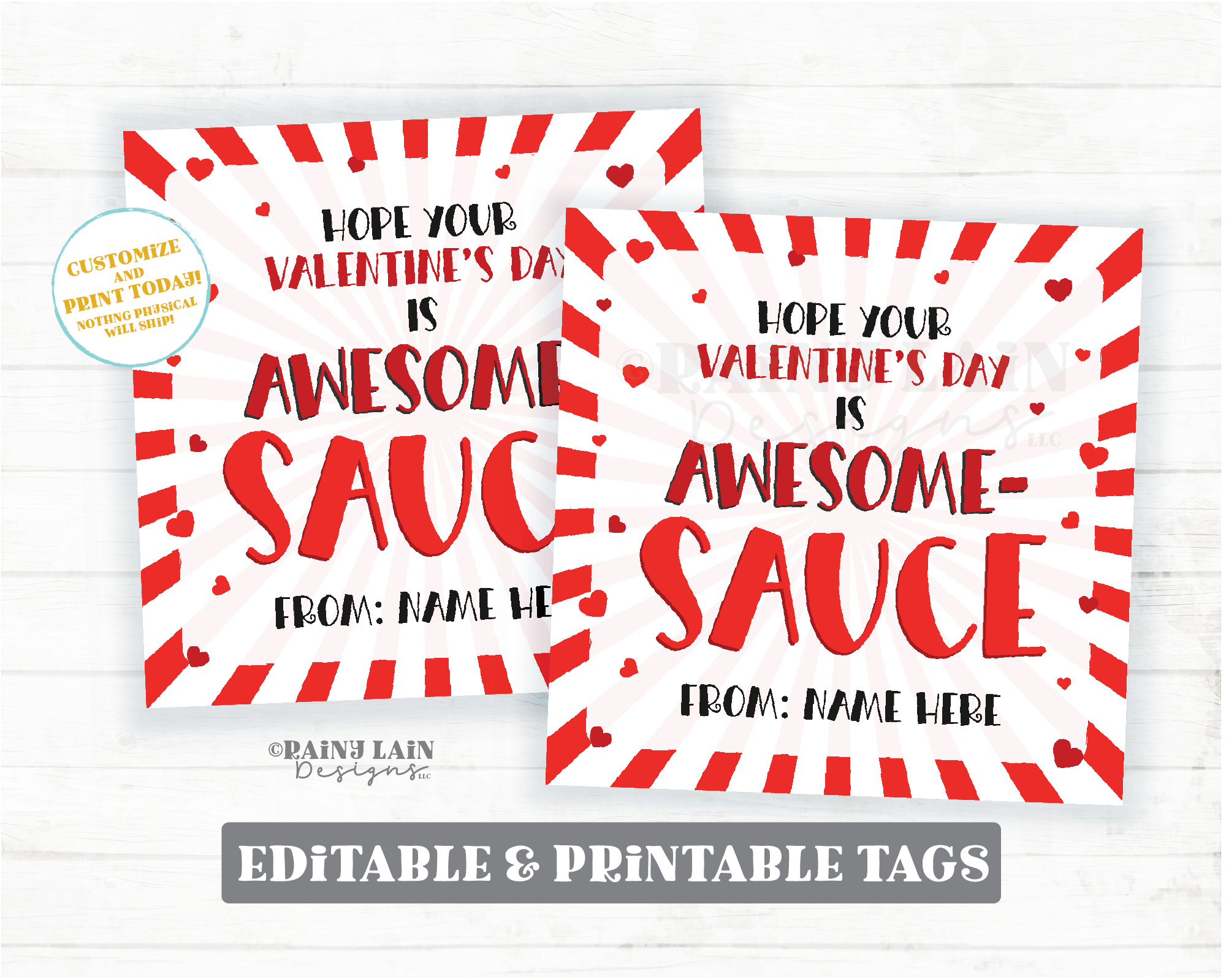 Applesauce Valentine Tag Awesome Sauce Apple Sauce Hot Friend Co-Worker Preschool Classroom Printable Editable Easy Kids Non-Candy Valentine