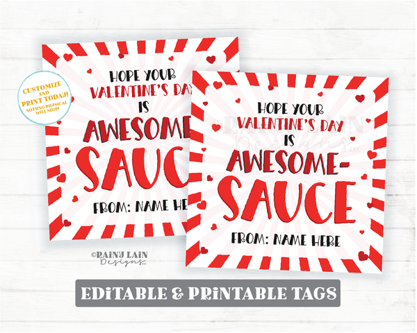 Applesauce Valentine Tag Awesome Sauce Apple Sauce Hot Friend Co-Worker Preschool Classroom Printable Editable Easy Kids Non-Candy Valentine