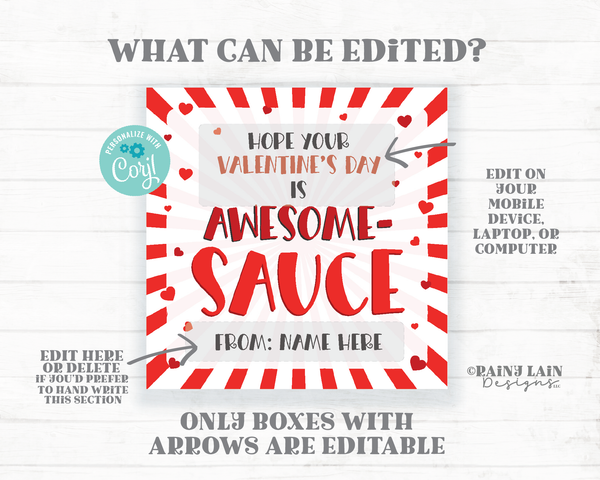 Applesauce Valentine Tag Awesome Sauce Apple Sauce Hot Friend Co-Worker Preschool Classroom Printable Editable Easy Kids Non-Candy Valentine