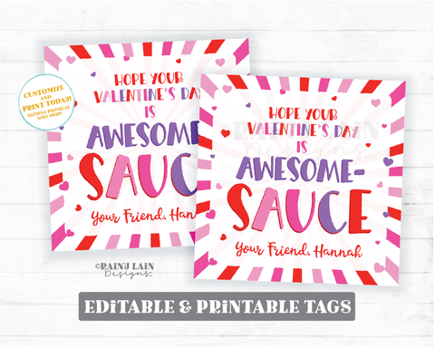 Applesauce Valentine's Day Gift Tag Awesome Sauce Apple Sauce Preschool Classroom Friend Printable Editable Easy Kids Non-Candy Valentine