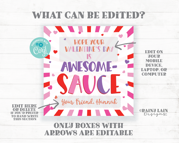 Applesauce Valentine's Day Gift Tag Awesome Sauce Apple Sauce Preschool Classroom Friend Printable Editable Easy Kids Non-Candy Valentine