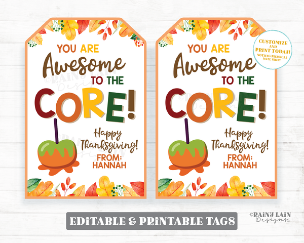 Awesome to the Core Thanksgiving Tag Candy Apple Caramel Fall Gift Appreciation Teacher Staff Employee School Friend Teammate Classmate