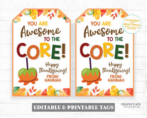 Awesome to the Core Thanksgiving Tag Candy Apple Caramel Fall Gift Appreciation Teacher Staff Employee School Friend Teammate Classmate
