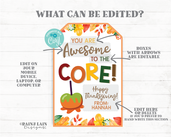 Awesome to the Core Thanksgiving Tag Candy Apple Caramel Fall Gift Appreciation Teacher Staff Employee School Friend Teammate Classmate