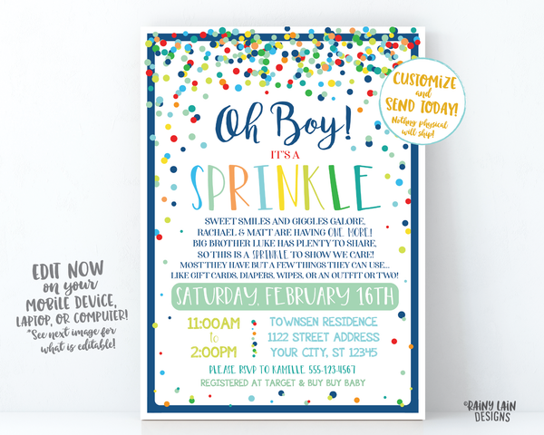 Printable Baby Sprinkle Invite Boy Baby Sprinkle Invite, Boy Sprinkle Ideas, Sprinkle Shower, Sprinkle Invitation, Navy Blue, Mint, Oh Boy