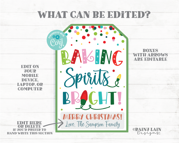 Baking Spirits Bright Christmas Gift Tag Cookies Child Made Holiday Gift Homemade Baked Goods Teacher Neighbor Coach Staff Co-worker