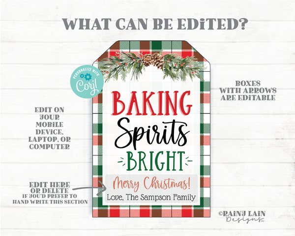 Baking Spirits Bright Tags Christmas Cookies Gift Tag Homemade Baked Goods Neighbor Holiday Gift Teacher Coach Co-worker Plaid Gift Tags