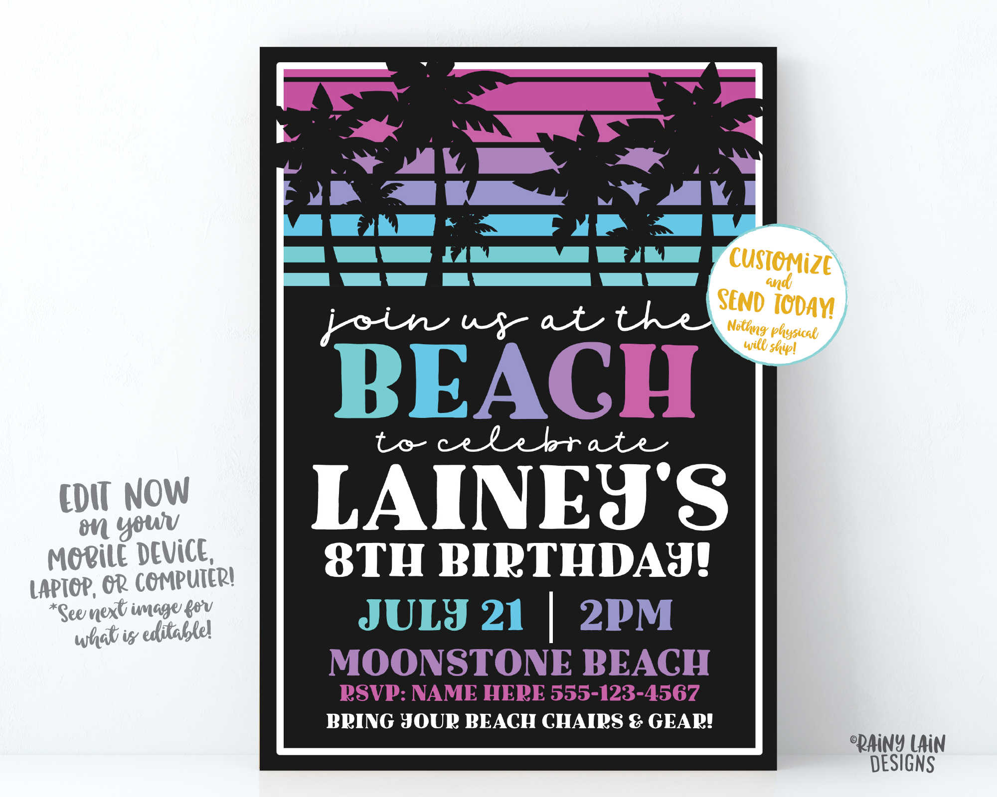 Beach Birthday Invitation, Palm Trees, Pink Purple Teal Sunset Palm Tree Invitation, Beach Party Invite, Beach Sunset Invite, Summer Sun Invitation