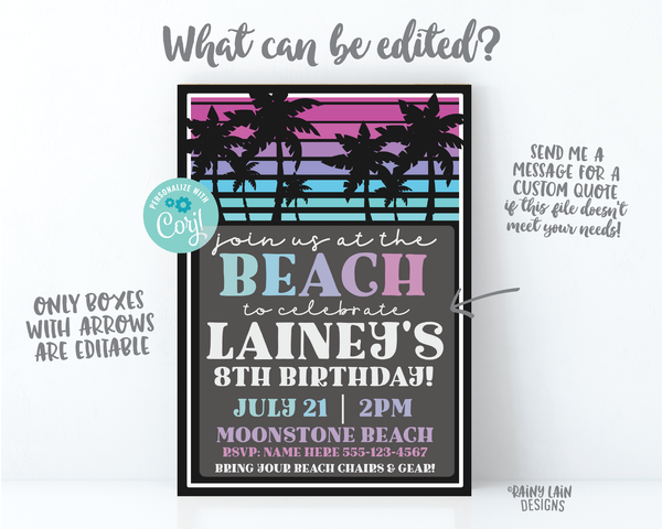 Beach Birthday Invitation, Palm Trees, Pink Purple Teal Sunset Palm Tree Invitation, Beach Party Invite, Beach Sunset Invite, Summer Sun Invitation