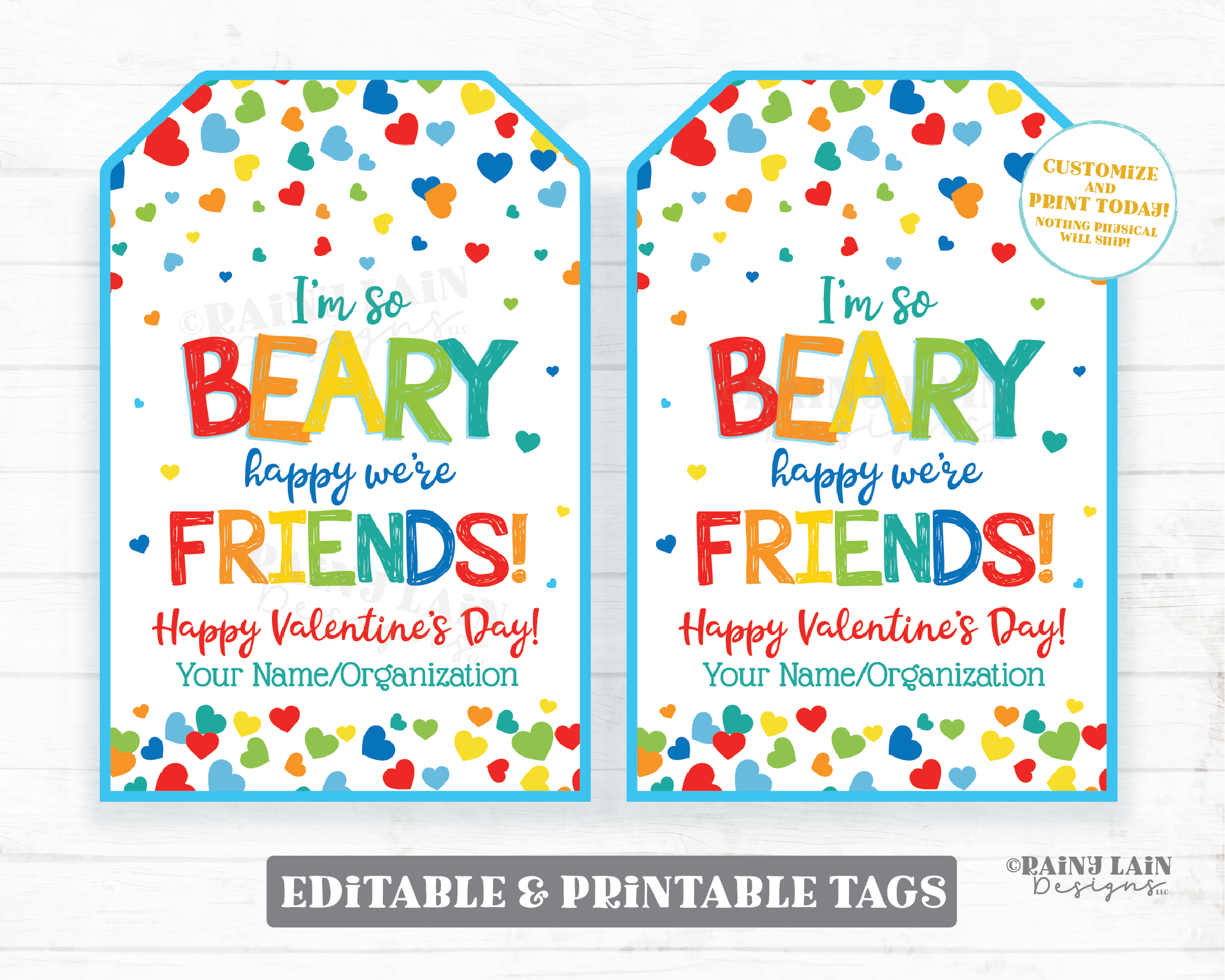 Beary happy we're friends Bear-y glad Gummy Bear Candy Gift Tag Preschool Editable Classroom Kids Printable Non-Candy Valentine