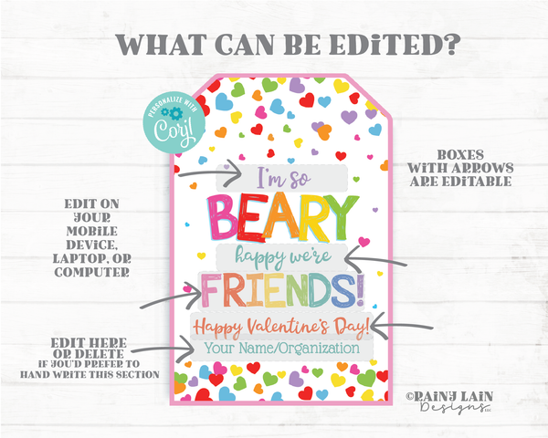 I'm Beary glad we're friends Bear-y happy Gummy Bear Candy Gift Tag Preschool Classroom Printable Kids Editable Non-Candy Valentine