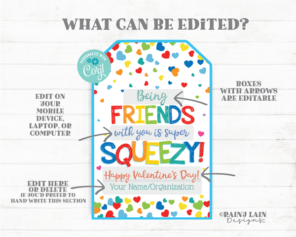 Being Friends with you Super Squeezy Valentine's Day Tag Squishie Valentine Squishy Applesauce Pouch Preschool Classroom Printable Non-Candy