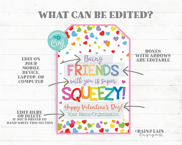 Super Squeezy Being Friends with you Valentine's Day Tag Applesauce Pouch Squishie Valentine Squishy Preschool Classroom Printable Non-Candy