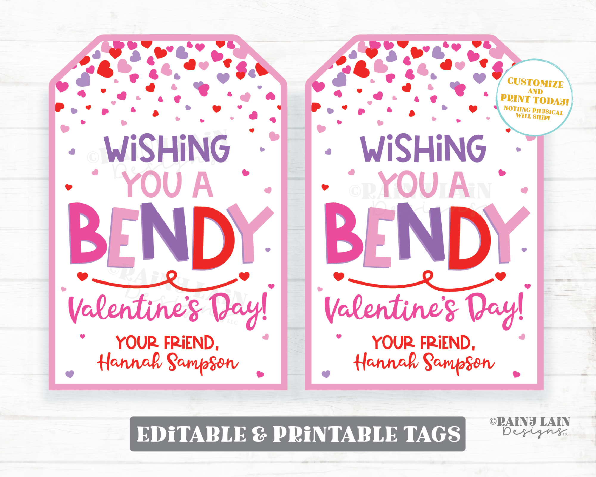 Bendy Valentine's Day Tag Bendy Straw Bendy Pencil Bracelet Bent Preschool Valentine Classroom Printable Kids Non-Candy Valentine Tag
