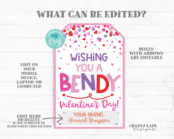 Bendy Valentine's Day Tag Bendy Straw Bendy Pencil Bracelet Bent Preschool Valentine Classroom Printable Kids Non-Candy Valentine Tag