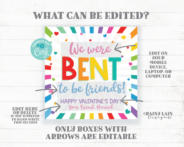 We were Bent to be Friends Bendy Valentine's Day Tag Straw Pencil Bracelet Preschool Valentine Classroom Printable Kids Non-Candy Valentine