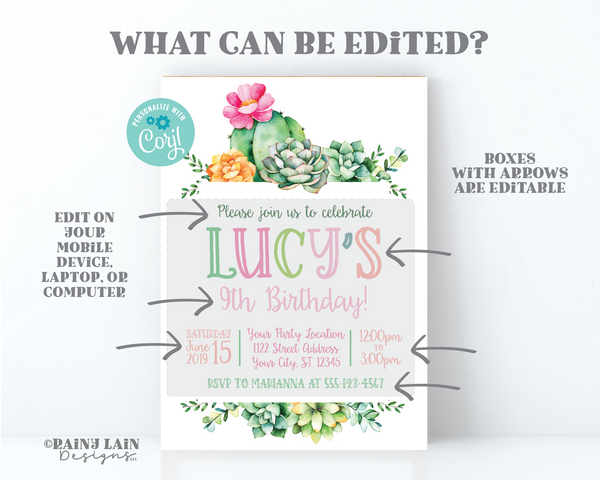 Cactus Birthday Invitation, Succulent Birthday Invitation, Cacti, Succulents, Fiesta Birthday Invite, Cactus Invite, Succulent Invite