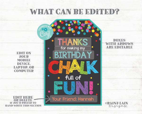 Chalk birthday favor tags Thanks for making my birthday Chalk full of Fun sidewalk chalk party favor tags chalk gift tag celebrating with me