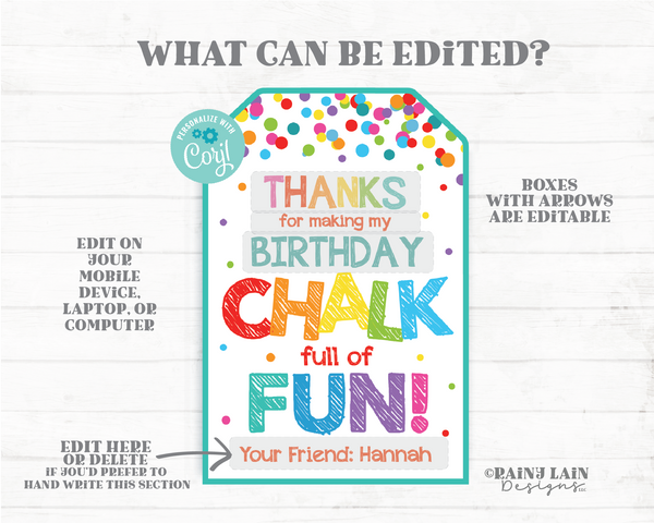 Thanks for making my birthday Chalk full of Fun Chalk birthday favor tags sidewalk chalk party favor tags chalk gift tag celebrating with me