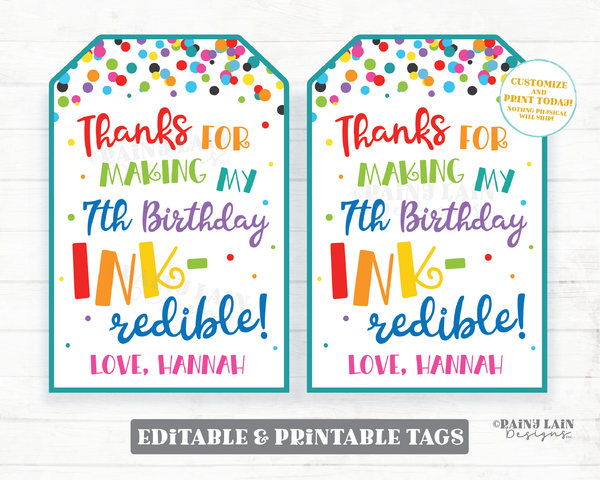 Ink Pen Gift Tags Thanks for making my Birthday INK-redible Tags Editable Preschool Printable Classroom Party Favor School Pen Gift Tags