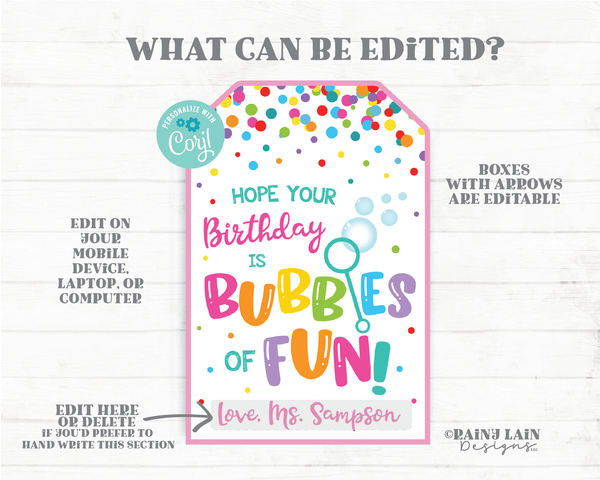 Hope your Birthday is Bubbles of Fun Tag Classroom bubbles birthday party favor Teacher to Student Preschool Printable Kids Bubbles Gift Tag