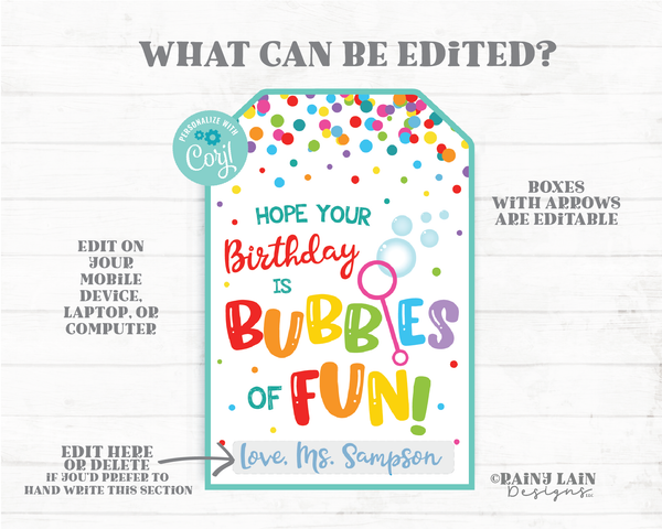 Hope your Birthday is Bubbles of Fun Tag bubbles birthday party favor Preschool Classroom Printable Kids Teacher to Student Bubbles Gift Tag