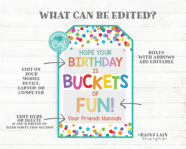 Hope Your Birthday Is Buckets of Fun Tag Bucket Gift Beach Summer Spring Bright Basket School Group Team Member Student Teacher Co-Worker