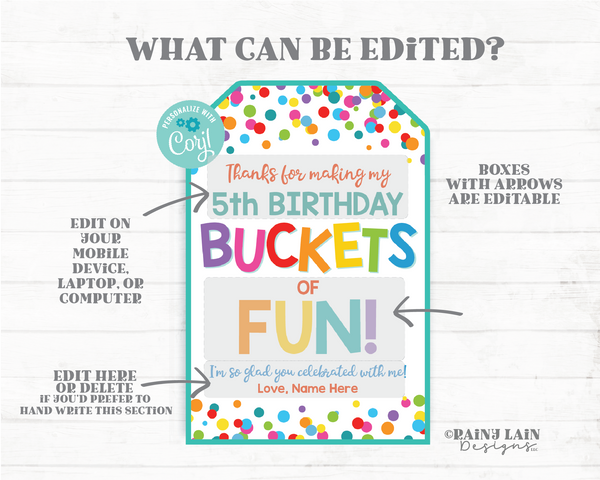 Thanks for making my birthday buckets of fun tag bucket birthday favor party favor Beach Toys Summer Spring Bright Basket Sand Toys