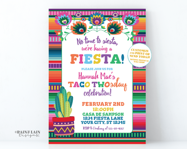 No Time to Siesta it's Time to Fiesta Taco Twosday Invitation Taco Two-sday Fiesta Girl 2nd Birthday Mexican Fiesta, Serape, Floral, Cactus