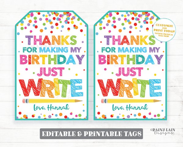 Birthday Pencil Gift Tag Birthday Just Write Party Favor Pencil Tags Student Classroom Preschool Kids Editable Tag