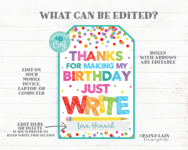 Birthday Pencil Gift Tag Birthday Just Write Party Favor Pencil Tags Student Classroom Preschool Kids Editable Tag