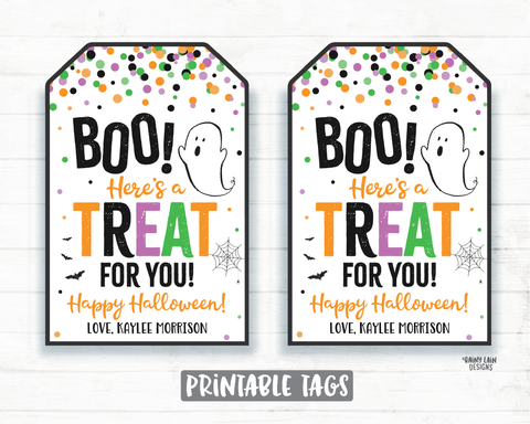 Hey Boo Here's a Treat for you Tags Boo Halloween Printable Halloween Tag Editable Halloween Favor Tags Ghost Bats Spiderweb Party Tags