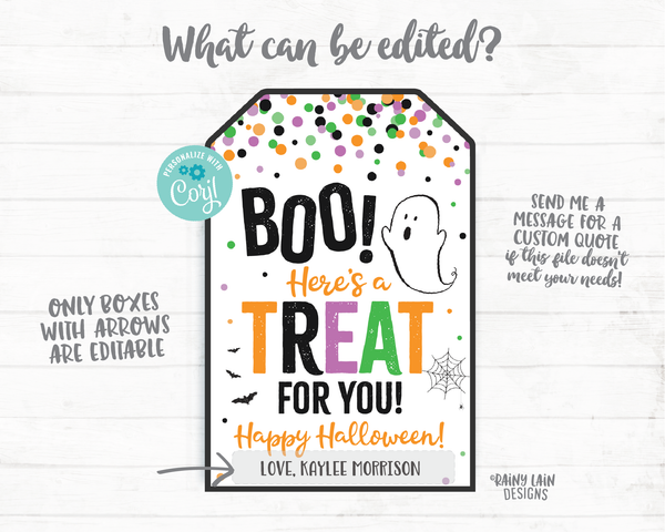 Hey Boo Here's a Treat for you Tags Boo Halloween Printable Halloween Tag Editable Halloween Favor Tags Ghost Bats Spiderweb Party Tags