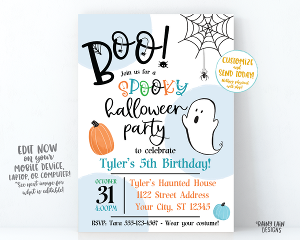 Halloween Birthday Party Invite Boo Halloween Party Invitation Boy Spooky Halloween Party Invitation Spiders Spiderweb ghost pumpkins