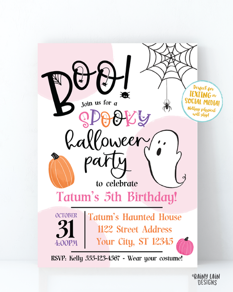 Halloween Birthday Party Invite Boo Halloween Party Invitation Girl Spooky Halloween Party Invitation Spiders Spiderweb ghost pumpkins