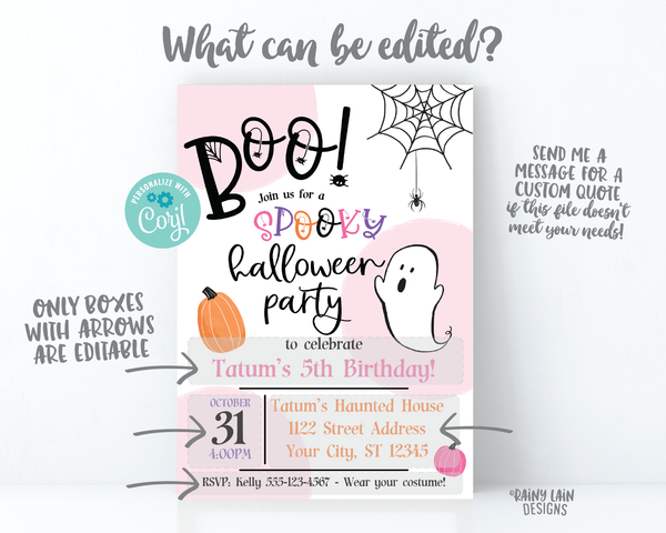 Halloween Birthday Party Invite Boo Halloween Party Invitation Girl Spooky Halloween Party Invitation Spiders Spiderweb ghost pumpkins