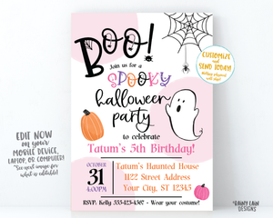 Halloween Birthday Party Invite Boo Halloween Party Invitation Girl Spooky Halloween Party Invitation Spiders Spiderweb ghost pumpkins