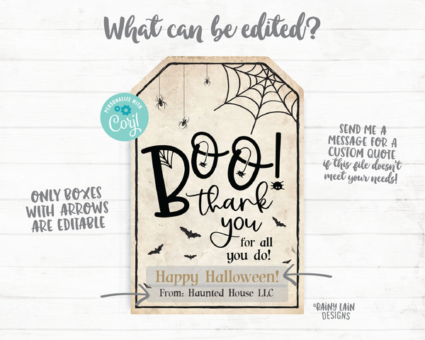Boo Thank you for all you do tag Halloween Appreciation Teacher Staff Employee School Halloween Thank you Tag Halloween Gifts Tag Favor Tags