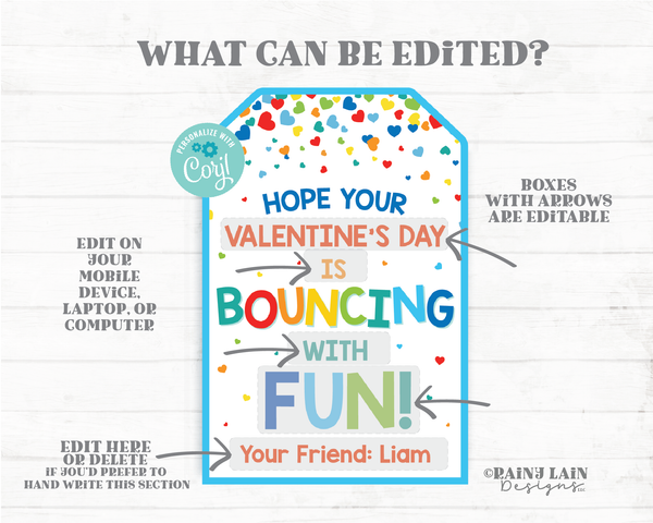Bouncing with Fun Tag Bouncy Ball Valentine Bounce Valentine's Day Gift Preschool Classroom Printable Kids Editable Non-Candy Valentine Tag