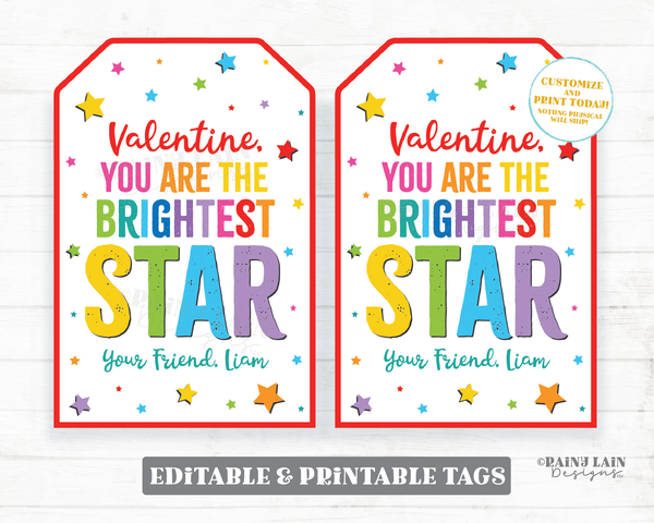 Valentine You're the Brightest Star Valentine's Day Tag Glow in the Dark Stars You're a Star Preschool Classroom Printable Kids Non-Candy