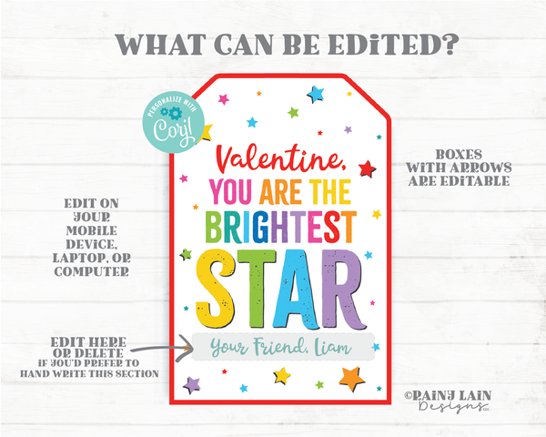 Valentine You're the Brightest Star Valentine's Day Tag Glow in the Dark Stars You're a Star Preschool Classroom Printable Kids Non-Candy