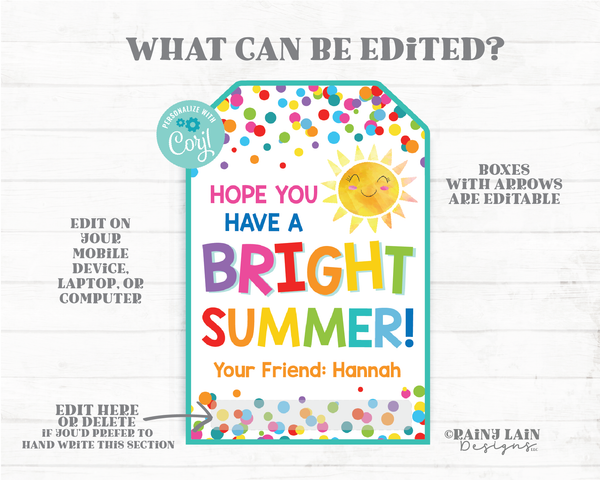Hope You Have a Bright Summer Tags End of School Year Gift Tags Sunglasses Finger lights Preschool Classroom Printable Kids Sun From Teacher