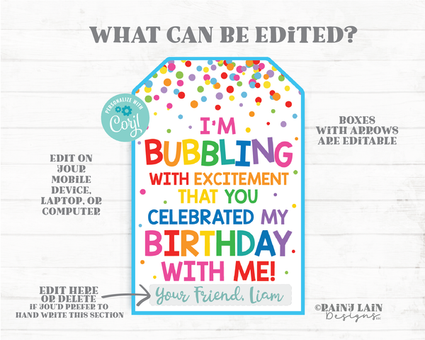 I'm bubbling with excitement that you celebrated my birthday with me, bubbles birthday favor tags, bubbles party favor tags, bubble tags