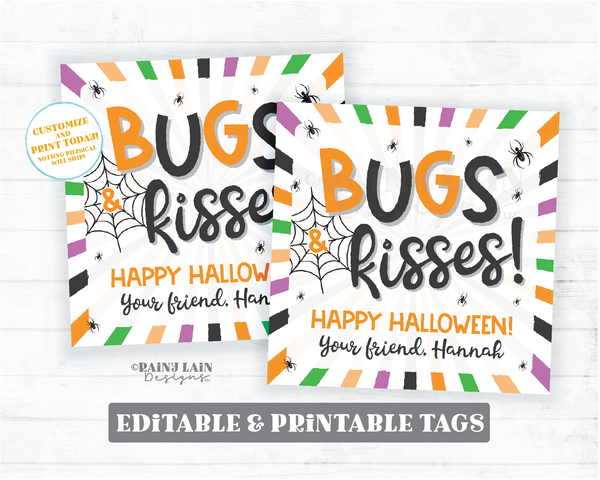 Bugs and Kisses Halloween Gift Tag Spiders Trick or Treat Favor From Teacher To Student Classroom Preschool PTO Spiderweb Sticky Jumping
