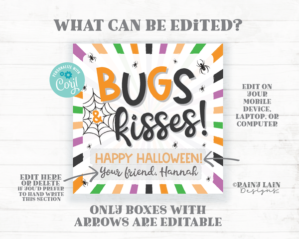 Bugs and Kisses Halloween Gift Tag Spiders Trick or Treat Favor From Teacher To Student Classroom Preschool PTO Spiderweb Sticky Jumping