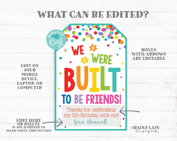 We Were Built to be Friend Tag Building Block Puzzle Piece Friendship Thanks for Celebrating My Birthday With Me Party Favor Preschool Class